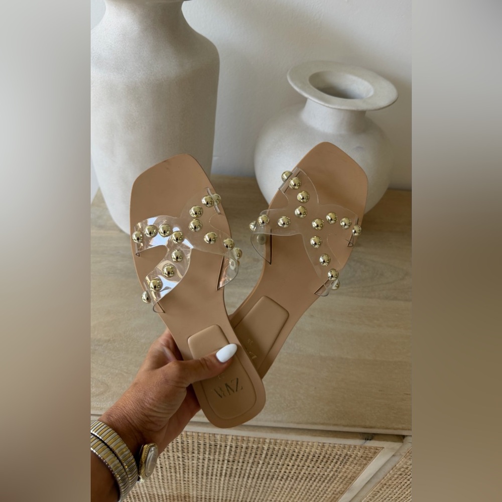 Zara Beige Clear Studded Slide Sandals - Picture 5 of 11